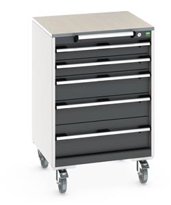 cubio mobile cabinet with 5 drawers & lino worktop. WxDxH: 650x650x990mm. RAL 7035/5010 or selected Bott Mobile Storage 650mm x 650mm Industrial Tool Trolleys